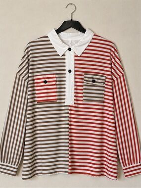 WDIRARA Women’s Striped Long Sleeve Shirt Size L Colorblock Stretch Top